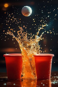 Action shot of a white ping pong ball splashing orange liquid between two red plastic cups during a game, dynamic and energetic scene