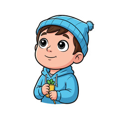 Cartoon boy in blue hat holding a small plant.