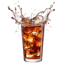 Refreshing cola splash with ice cubes in a glass isolated on transparent background