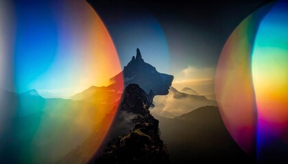 A dramatic mountain landscape forming a dog's head silhouette, overlaid with vibrant, colorful lens flares.