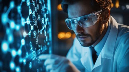 Focused scientist wearing protective glasses analyzing complex molecular structures on a transparent digital screen in a laboratory with warm ambient lighting