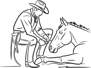 Line art illustration of a cowboy tending to a horse's hoof, depicting traditional ranching care and animal husbandry in a rustic setting