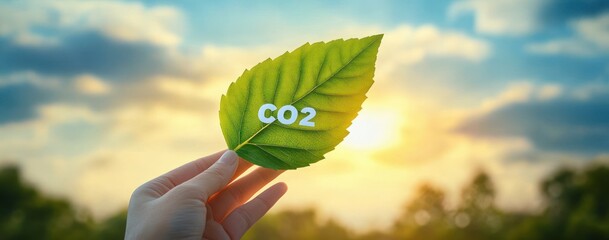 Hand holding a green leaf with letters CO2 against a bright sky during sunset, symbolizing environmental awareness and nature's role in carbon dioxide absorption