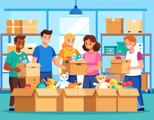 A group of diverse volunteers pack donated toys into cardboard boxes in a warehouse setting, preparing for charity or distribution.
