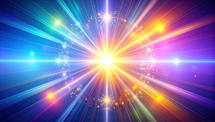 A vibrant, abstract explosion of colorful light rays and sparkling particles emanating from a bright central point, creating an energetic and luminous visual effect.
