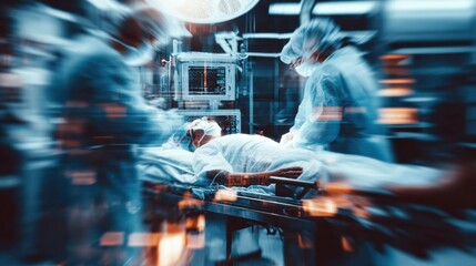 Surgeons Perform Laparoscopy in Operating Room With Blurred Focus on Patient and Medical Equipment Present During Surgery