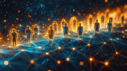 Glowing human figures interconnected by a vibrant web of blue and orange light connections symbolizing digital networking and communication