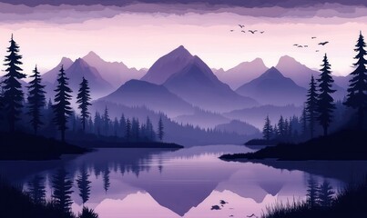 Serene mountain landscape at dusk with layered peaks, tall pine trees surrounding a calm reflective lake, birds flying in the lavender sky, peaceful and tranquil atmosphere