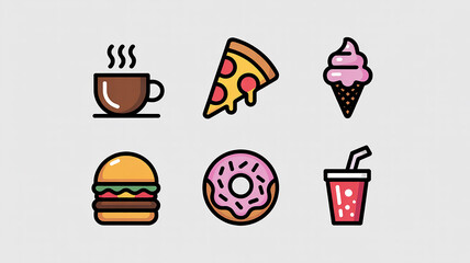 A Set of Six Colorful Food Icons &mdash; Coffee, Pizza, Ice Cream, Burger, Donut, and Soda