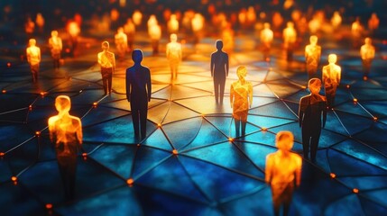 Glowing human figures connected by a network of illuminated nodes on a dark grid, symbolizing social interaction and digital connectivity in a futuristic setting