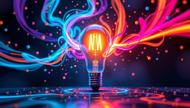 Futuristic Light Bulb with Neon Energy Burst