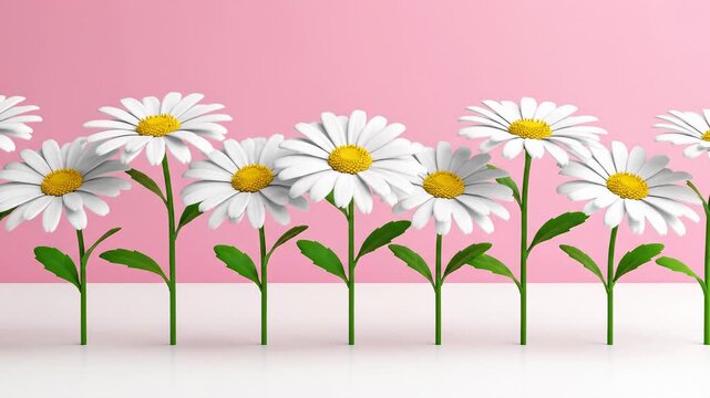 Animated White Daisies Growing in a Row on Pink Background