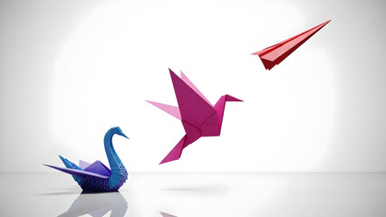 Stunning progression from grounded origami swan to soaring bird and dynamic paper airplane symbolizing growth
