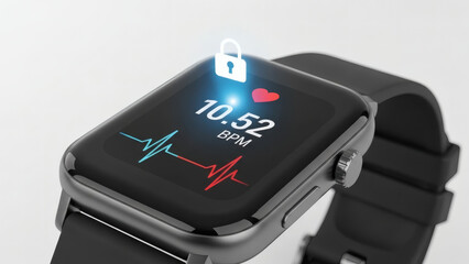 Cutting-edge smartwatch technology securely monitoring heart rate and vital signs, emphasizing personal data protection and digital privacy in health tracking for a modern lifestyle