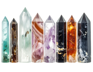 Assortment of crystal wands of various colors, standing in a row on a black background