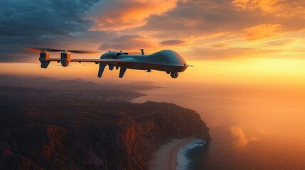Surveillance drone flying over a coastal cliff at sunset with dramatic orange and purple sky and calm ocean below