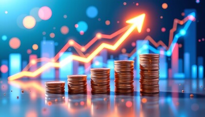 Futuristic Financial Growth Illustration with Coins and Graphs