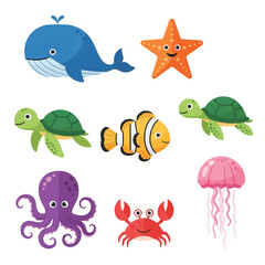 Charming flat 2D vector illustration set of adorable sea animals, including a playful octopus, smiling jellyfish, and happy starfish, isolated on a bright white background.