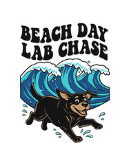 Chocolate Lab Running by Ocean Waves, Beach Day Dog Illustration