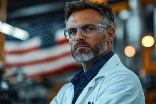 Confident man in protective glasses and white lab coat standing in industrial setting with blurred American flag in background - Powered by Adobe