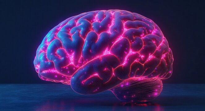 Glowing futuristic human brain with neon pink and blue illuminated neural pathways on dark background - Powered by Adobe