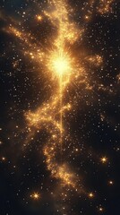 Naklejka premium Bright golden explosion in deep space surrounded by scattered shiny stars and glowing cosmic dust creating a dazzling celestial display