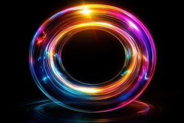 Vibrant neon glowing circular ring with swirling multicolor light trails on black background conveying energy and motion