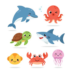 Adorable aquatic animals set in a colorful 2D flat style illustration, featuring various smiling sea creatures isolated on a clean white background.