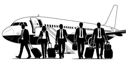 High-quality black silhouette line art of a group of business travelers boarding a plane together with suitcases, corporate travel, airport departure scene