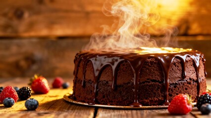 “Side shot of warm chocolate cake with visible steam rising, glossy thick ganache, berries scattered, cinematic low light, rustic background, mouthwatering atmosphere,