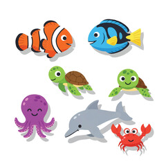 A cheerful collection of cute marine animals rendered in modern 2D flat design, featuring friendly sea creatures on a clean white studio background.