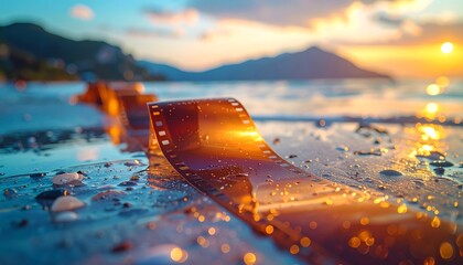 A strip of photographic film lies on a wet sandy beach, reflecting the golden light of a sunset over the ocean with distant mountains.