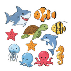 Cute underwater sea species vector illustration bundle in simple flat 2D style, isolated marine animals collection on a clean white background.