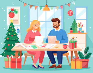 A couple sits at a desk in a decorated room, reviewing documents and charts during the Christmas season, surrounded by gifts and festive decorations.