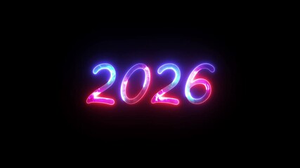 Glowing light neon text 2026 animated background with festive new year celebration