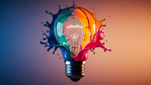 Stunning vibrant lightbulb explodes with colorful paint splashes symbolizing creativity and dynamic innovation for modern concepts