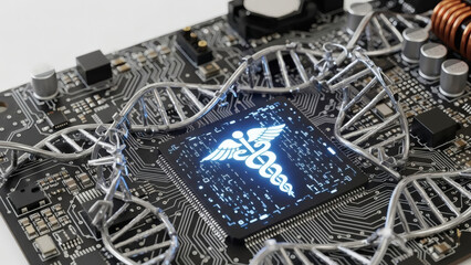Future of medicine a bright caduceus on a microchip, intertwined with DNA, symbolizing the fusion of genetic science and digital technology for advanced healthcare