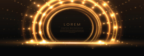 Abstract elegant black background with circle neon golden line and lighting effect sparkle. Luxury template award design.