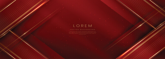 Abstract elegant dark red background with golden line and lighting effect sparkle.