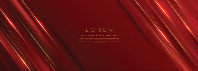 Abstract elegant red background with golden line and lighting effect sparkle. Luxury template design.