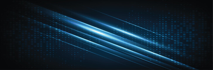 Abstract technology futuristic digital concept square pattern with lighting glowing particles square elements on dark blue background.