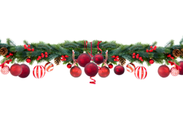 Festive evergreen border with glowing light garlands — perfect transparent vector for holiday cards, wrapping paper, and seasonal designs