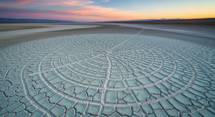 Mesmerizing geometric pattern on cracked dry lakebed at vibrant desert sunset