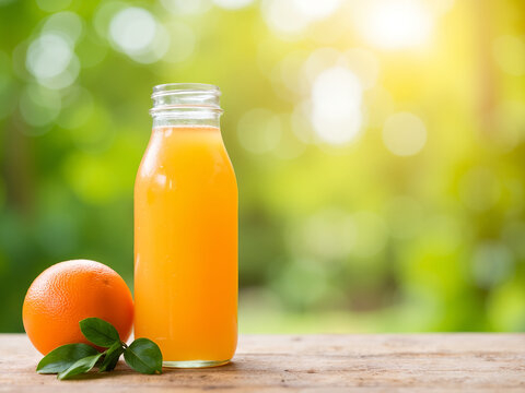 Fresh orange juice in glass bottle with orange and green background   - Powered by Adobe