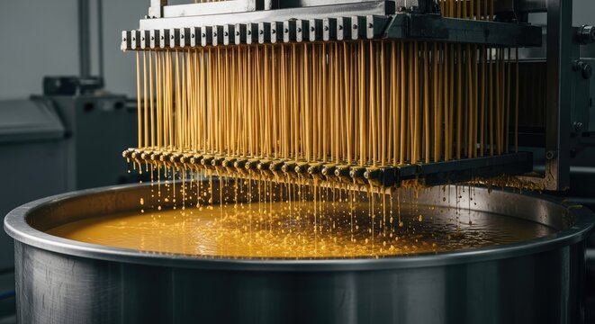 Machine dispenses streams of liquid into a large metal vat. Close-up reveals numerous parallel lines of the substance cascading downwards. Factory setting, likely food processing