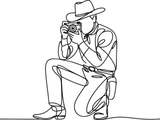 Cowboy Photographer in Continuous Line Art Capturing Moments with a Classic Camera and Hat