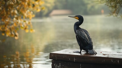 Great blue heron, cinerea, on a pier, showcasing its avian nature, wildlife features, and long beak over the water