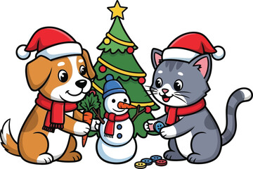 Cute dog and cat decorating a snowman and christmas tree
