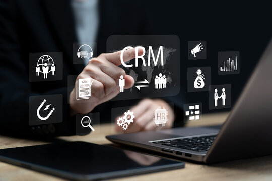 CRM with Automation Concept, Businesswomen use AI-Driven CRM Automation for Business Intelligence Dashboard for Customer Relationship Management, Data Analytics, Sales,Engagement, HR Automation System
