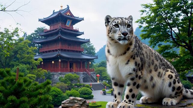 Snow leopard near traditional pagoda